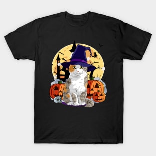 Scottish Fold Cat Funny Halloween Witch Pumpkin T-Shirt